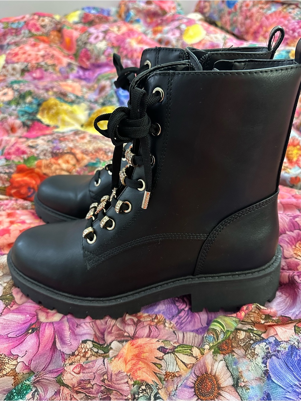 GUESS Black Lace-Up Combat Boots with Gold Eyelets NWOT - Picture 15 of 16